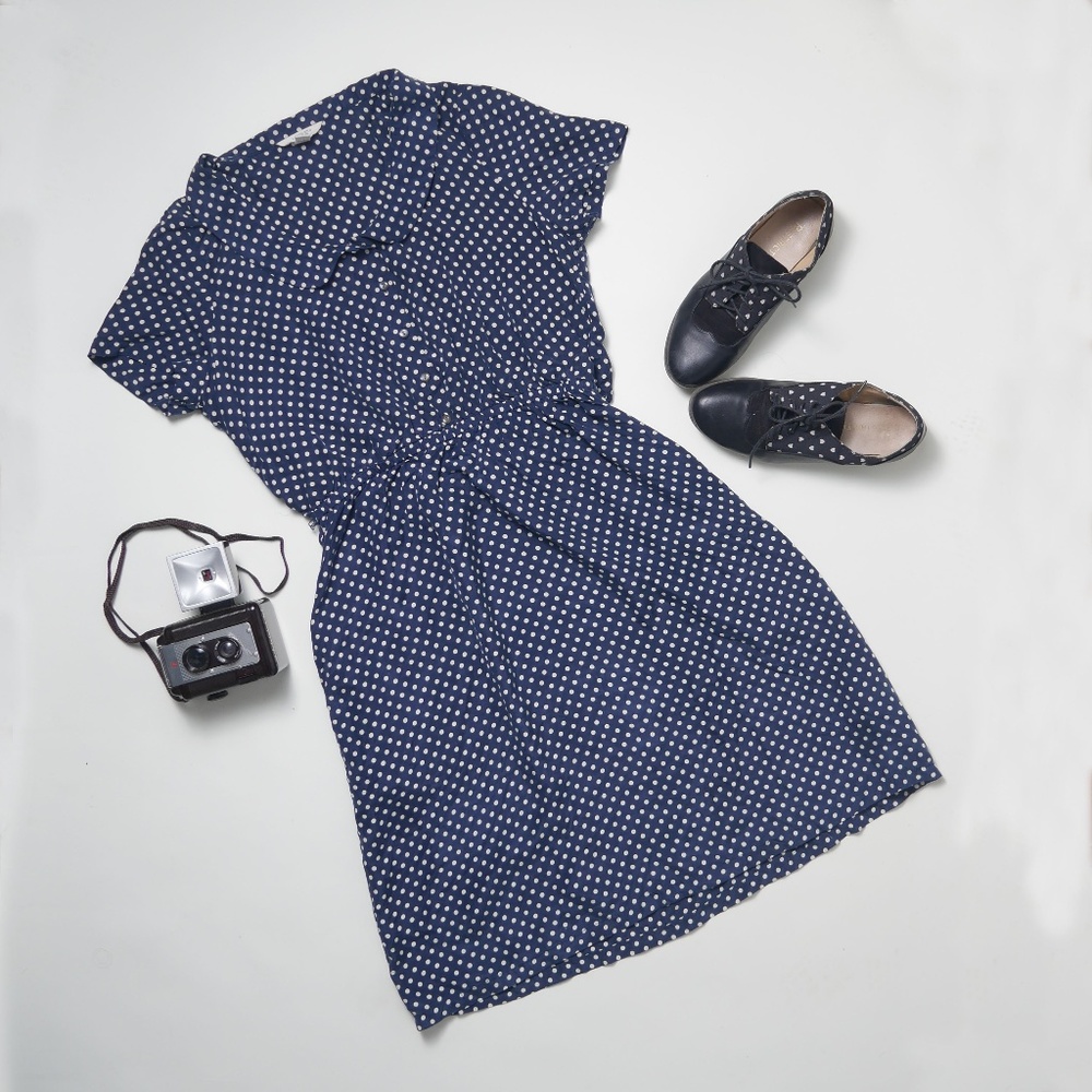 Land's End Canvas Silk Polkadot Dress Blue White